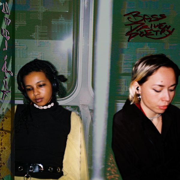 Bass Driven Poetry album cover: two people in headphones seated on a Berlin train, the title in red handwriting